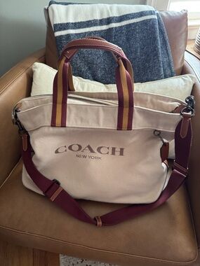 Coach Canvas Duffel Bag in Beige with Burgundy Trim